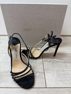 Jimmy Choo Lynn 100 Black Crystal Star Heel Sandals Size 37.5 Swarovski